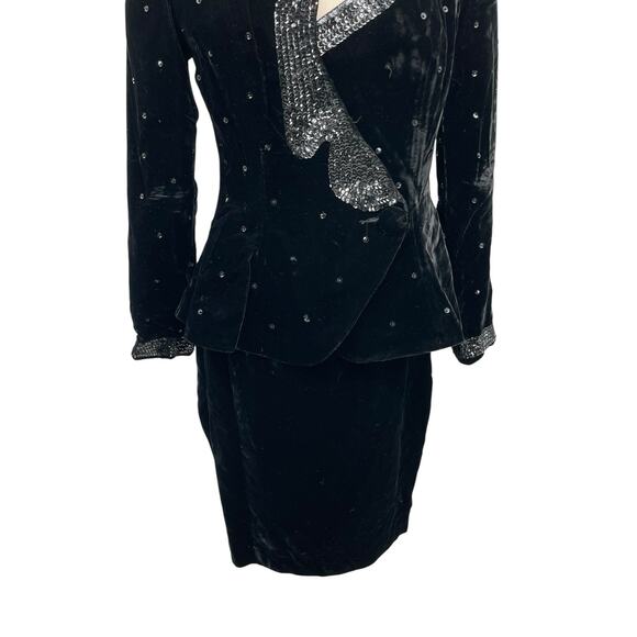 Vintage Magali Collection Black Velvet Sequin Skirt Suit Jacket Size 4 - Picture 3 of 15